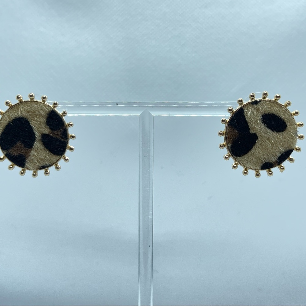 Animal Leopard Pattern Faux Fur Circle Shape Stud Post Earrings